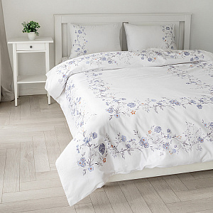 Комплект постельного белья Евро(пододеяльник200x220см,простыня230x260см,наволочки50х70см-2шт/70х70см-2шт)DE'NASTIA FLOWERSбелый/синий сатин-твилХлопок 000000000001224484