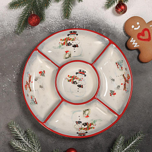 Менажница 25,5x3,1см Снеговик со зверятам 5 ячеек керамика 000000000001209302