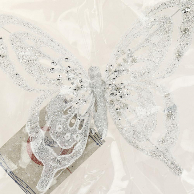 Новогоднее ёлочное украшение Бабочка в серебре из полиэстера на клипсе из черного металла 18,5x14x1см 82248 000000000001201777