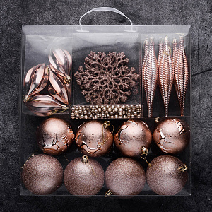 Набор украшений 25шт золото пластик(шар матовый+с рисунком 8см по 4шт,сосулька 15см-6шт,снежинка 10х10см-6шт,шишка 4,5х8,5см-4шт,бусы 360см) 000000000001208294