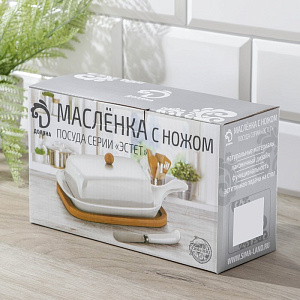 Масленка 22х13х7см ДОЛЯНА Эстет на деревянной подставке с ножом белый фарфор 000000000001210836