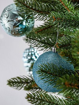 Набор украшений декоративных 12шт голубой пластик (шар с блестками 8см-4шт, шар гладкий 8см-2шт, шар с рисунком 8см-4шт, шишка гладкая 10см-2шт) 000000000001208295