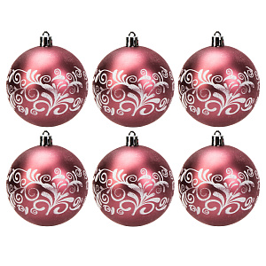 Набор новогодних шаров 6шт 8см Снежный узор розовая роза пластик 000000000001208646