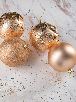 Набор украшений декоративных 4шт золото пластик (шар матовый 10см-1шт, шар с блестками 10см-1шт, шар с рисунком 10см-2шт) 000000000001208292