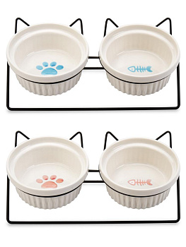 Миска для животных 300мл двойная на подставке ЛАПКИ в ассортименте керамика/металл 000000000001229128