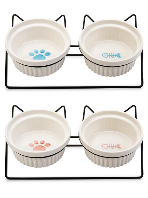 Миска для животных 300мл двойная на подставке ЛАПКИ в ассортименте керамика/металл 000000000001229128