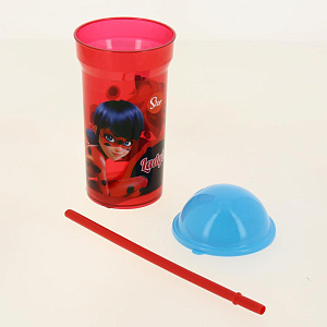 Стакан пластиковый 460мл с соломинкой и крышкой-полусферой прозрачный Леди Баг Stor 271358/86988 000000000001193201