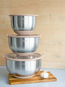 Миска 3л DE'NASTIA прозрачная крышка силиконовое дно бежевый нержавеющая сталь 000000000001228053