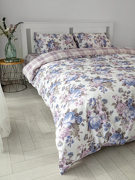 Комплект постельного белья1,5спDE'NASTIA(пододеяльник145х210см простыня150х215см наволочки50x70см-2шт)Dream Пионы/Клетка фиолетовый/белый жатый хлопок 000000000001227499