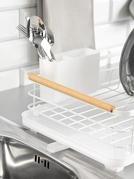 Сушилка кухонная 42x30x16см DE'NASTIA с поддоном и ручками белый железо/ПП/бук 000000000001227723