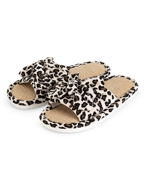 Тапочки домашние 36-37 женские открытые леопардовый бант молочный полиэстер/ПВХ 000000000001228902