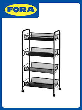 Этажерка 4-х ярусная 84х25х48см FORA сетка на колесиках черный металл 000000000001222573