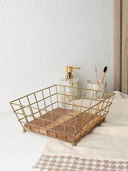 Корзина 25x25x11см DE'NASTIA без ручек золотой/коричневый сталь/акация 000000000001229600