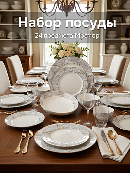 Набор столовой посуды 24 предмета Мрамор (салатник 12см 300мл-6шт/обеденная 26см-6шт/десертная 20см-6шт/суповая 20см-6шт) фарфор 000000000001228627