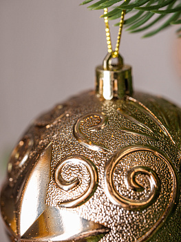 Набор украшений декоративных 12шт золото пластик (шар с блестками 8см-4шт, шар гладкий 8см-2шт, шар с рисунком 8см-4шт, шишка гладкая 10см-2шт) 000000000001208289