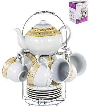 Сервис чайный 13 предметов (чашка 220мл-6шт/блюдце-6шт/чайник 1,2л/металлический стенд) GUTERWAHL подарочная упаковка фарфор 114-17054 000000000001193924