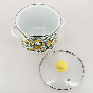 Кастрюля 5л цилиндрической формы со стекленной крышкой, полыми ручками, белая внутри, белая снаружи с деколью Апельсин стальная эмалированная 000000000001199100