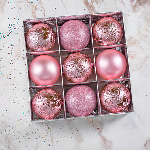 Набор украшений декоративных 9шт розовый пластик (шар матовый 6см-2шт, шар с блестками 6см-2шт, шар с рисунком 6см-5шт) 000000000001208302