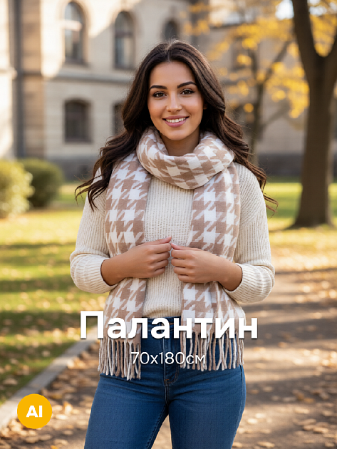 Палантин 70х180см орнамент гусиная лапка бежевый полиэстер 000000000001229214