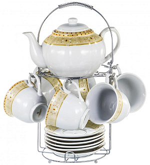 Сервис чайный 13 предметов (чашка 220мл-6шт/блюдце-6шт/чайник 1,2л/металлический стенд) GUTERWAHL подарочная упаковка фарфор 114-17054 000000000001193924