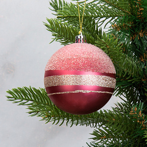 Набор новогодних шаров 6шт 8см Горизонтальные полосы розовая роза пластик 000000000001208647