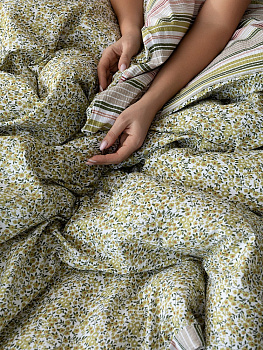 Комплект постельного белья 2спальный DE'NASTIA (50x70см-2шт/под-175x210см/пр-215x240см) Либерти полоска зеленый/розовый жатый хлопок 000000000001221447