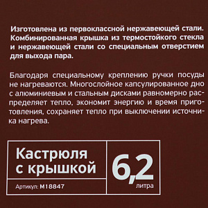 Кастрюля 6-6,2л SWEET HOME Бордо стекляннная крышка силиконовые вставки на ручках нержавеющая сталь 000000000001182943