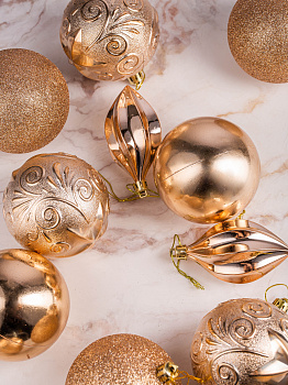 Набор украшений декоративных 12шт золото пластик (шар с блестками 8см-4шт, шар гладкий 8см-2шт, шар с рисунком 8см-4шт, шишка гладкая 10см-2шт) 000000000001208289