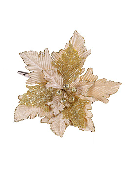 Новогоднее ёлочное украшение Бежевый с золотом цветок из полиэстера с креплением на клипсе из черного металла / 24х24х18,5см арт.804 000000000001191228