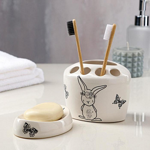 Набор для ванной 2 предмета КЕРАМИКА РУЧНОЙ РАБОТЫ Зайцы деколь микс керамика белый 000000000001211464