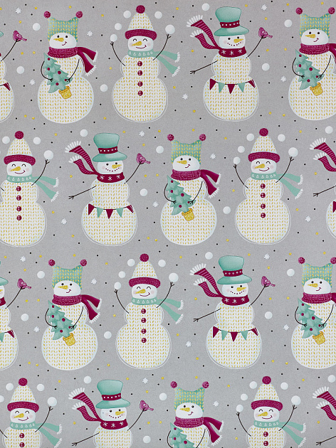 Упаковочная бумага Забавные снеговички в рулонах, мелованная с двух сторон, с полноцветным декоративным рисунком, плотность 80 г/м2 000000000001191369