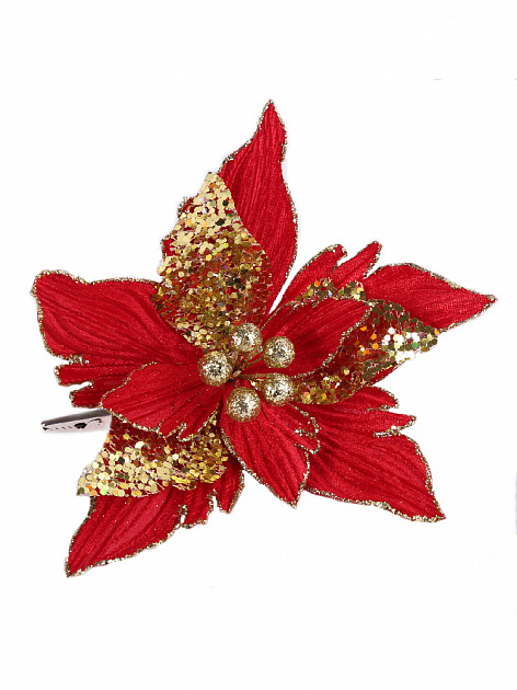 Новогоднее ёлочное украшение Красно-золотой цветок из полиэстера с креплением на клипсе из черного металла / 20х20х18см арт.80493 000000000001191226