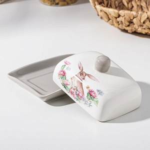 Масленка 17х12х8,5см ДОЛЯНА Зайка белый керамика 000000000001210834