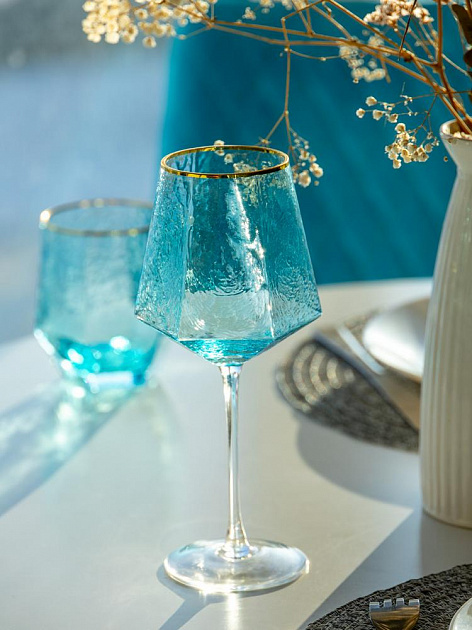 Бокал для вина 400мл LUCKY Ледяной голубой с золотой каймой стекло 000000000001210469