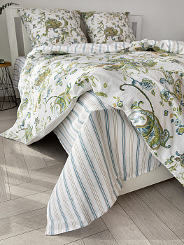 Комплект постельного белья 1,5сп DE'NASTIA(пододеяльник145х210см простыня150х215см наволочки70x70см-2шт)BotehОгурцыПолоскаБелыйЗеленыйСинийЖатыйХлопок 000000000001227508