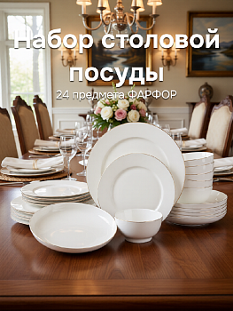 Набор столовой посуды 24 предмета (салатник 12см 300мл-6шт/обеденная 26см-6шт/десертная 20см-6шт/суповая 20см-6шт) фарфор 000000000001228626