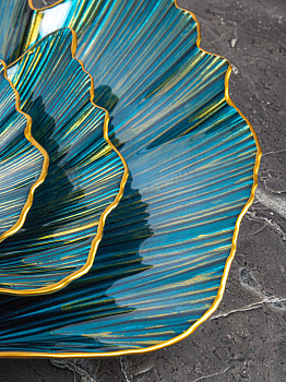 Блюдо сервировочное 25см EFE GLASS Ракушка золотая кайма синий стекло 000000000001213515