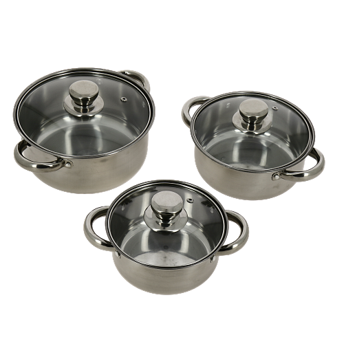 Набор посуды 6 предметов из нердавеющей стали: кастрюля 1 л., кастрюля 1,4 л., кастрюля 2,1 л., 3 стеклянные крышки ST4325 000000000001195752