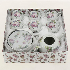 Набор чайный фарфор 13шт (6 чашек 220мл + 6 блюдец + чайник 1000мл) подарочная упаковка Флора Аромат Olaff 124-01169 000000000001200547