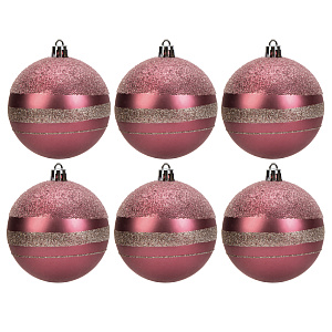 Набор новогодних шаров 6шт 8см Горизонтальные полосы розовая роза пластик 000000000001208647