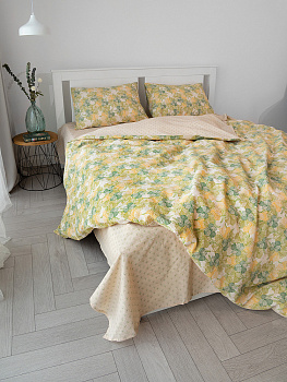 Комплект постельного белья 2спDE'NASTIA(пододеяльник175х210смПростыня215х240смНаволочки 50x70см-2шт)Флёр Орхидеи/Орнамент зеленый/бежевый жатый хлопок 000000000001227503