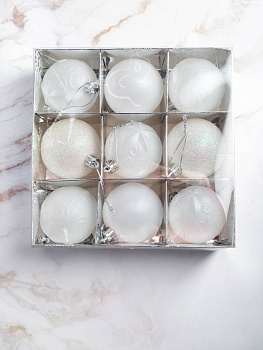 Набор украшений декоративных 9шт белый пластик (шар матовый 8см-2шт, шар с блестками 8см-2шт, шар с рисунком 8см-5шт) 000000000001208309
