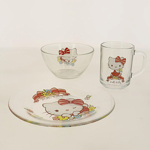 Набор посуды 1/3 салатник/кружка/тарелка в подарочной упаковке хеллоу китти Стекло Коралл 55029SETHKL 000000000001161956