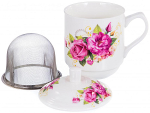 Кружка заварочная 350мл Olaff Флора с металлическим ситом подарочная упаковка фарфор 124-01116 000000000001203985