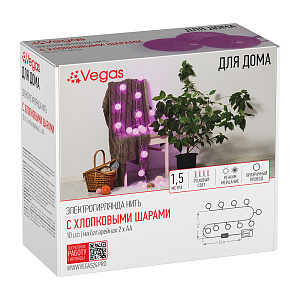 Гирлянда электрическая 1,5м(+0,5м шнур) 10 LED ламп VEGAS Нить Хлопковые шары розовый свет прозрачный провод мерцание АА-2шт (не входят в комплект) 000000000001214524