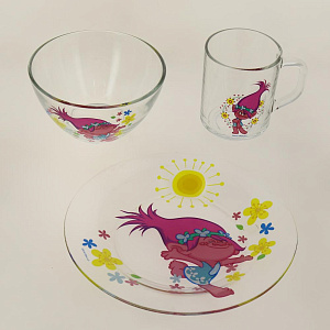 Набор детской посуды 3 предмета (салатник/кружка/тарелка) КОРАЛЛ Тролли стекло 000000000001197537