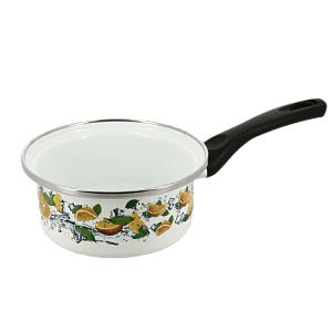 Ковш 1л с пластиковой ручкой цилиндрической формы, без крышки, белый внутри, белый снаружи с деколью Апельсин стальной эмалированный 000000000001199114
