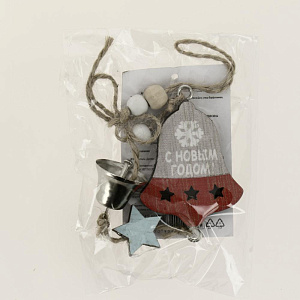 Новогоднее подвесное украшение Колокольчик из древесины тополя с колокольчиком из черного металла 12,5x0,6x4,3см 82163 000000000001201799