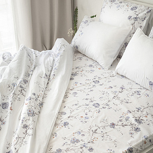 Комплект постельного белья Евро(пододеяльник200x220см,простыня230x260см,наволочки50х70см-2шт/70х70см-2шт)DE'NASTIA FLOWERSбелый/синий сатин-твилХлопок 000000000001224484