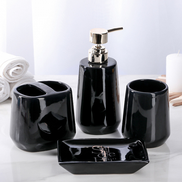 Набор для ванной 4 предмета Bonjour мыльница дозатор для мыла 2стакана черный керамика 000000000001211486
